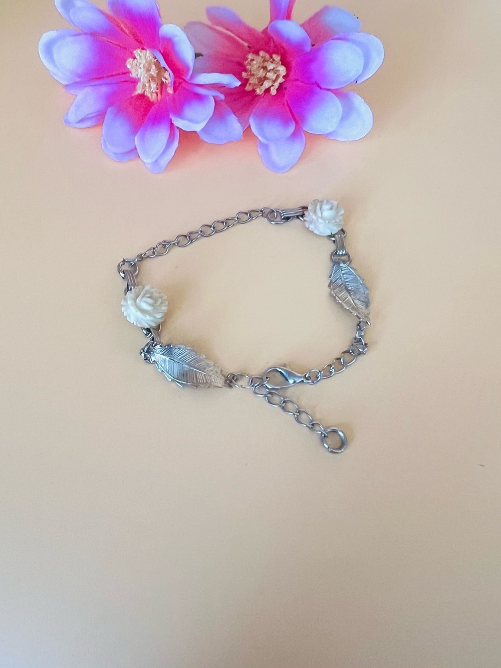 Silver plated Leaf & Celluloid Rose Bracelet - Women Jewelry